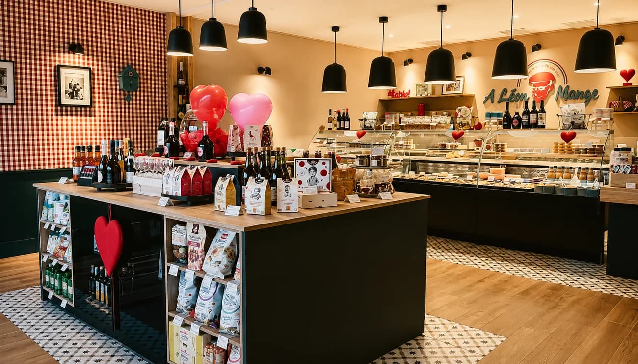 L'intérieur de la boutique A Léon Mange : comptoir et étagères de producteurs