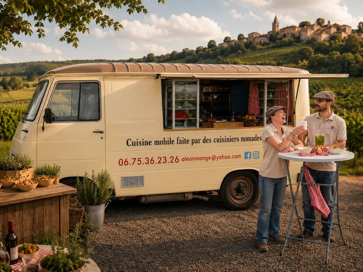 Audrey et Victorien devant le food truck, dans les vignes du Beaujolais