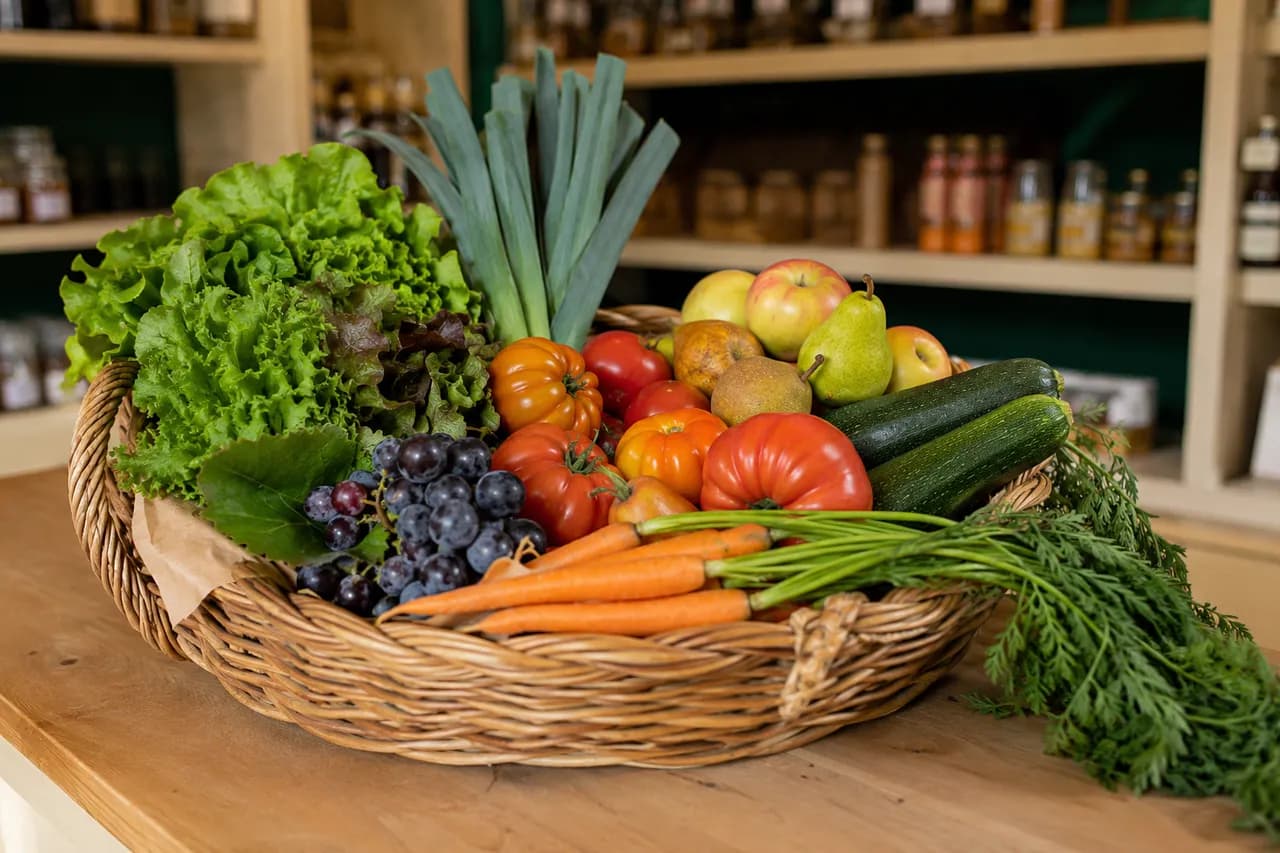 Panier en osier de fruits et légumes de saison sur le comptoir de la boutique