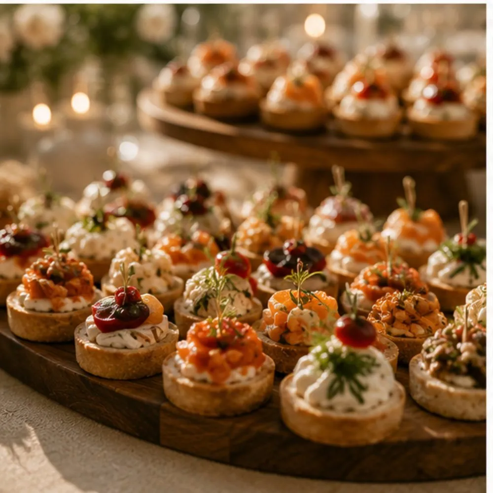 Pièces cocktail salées présentées sur plateau