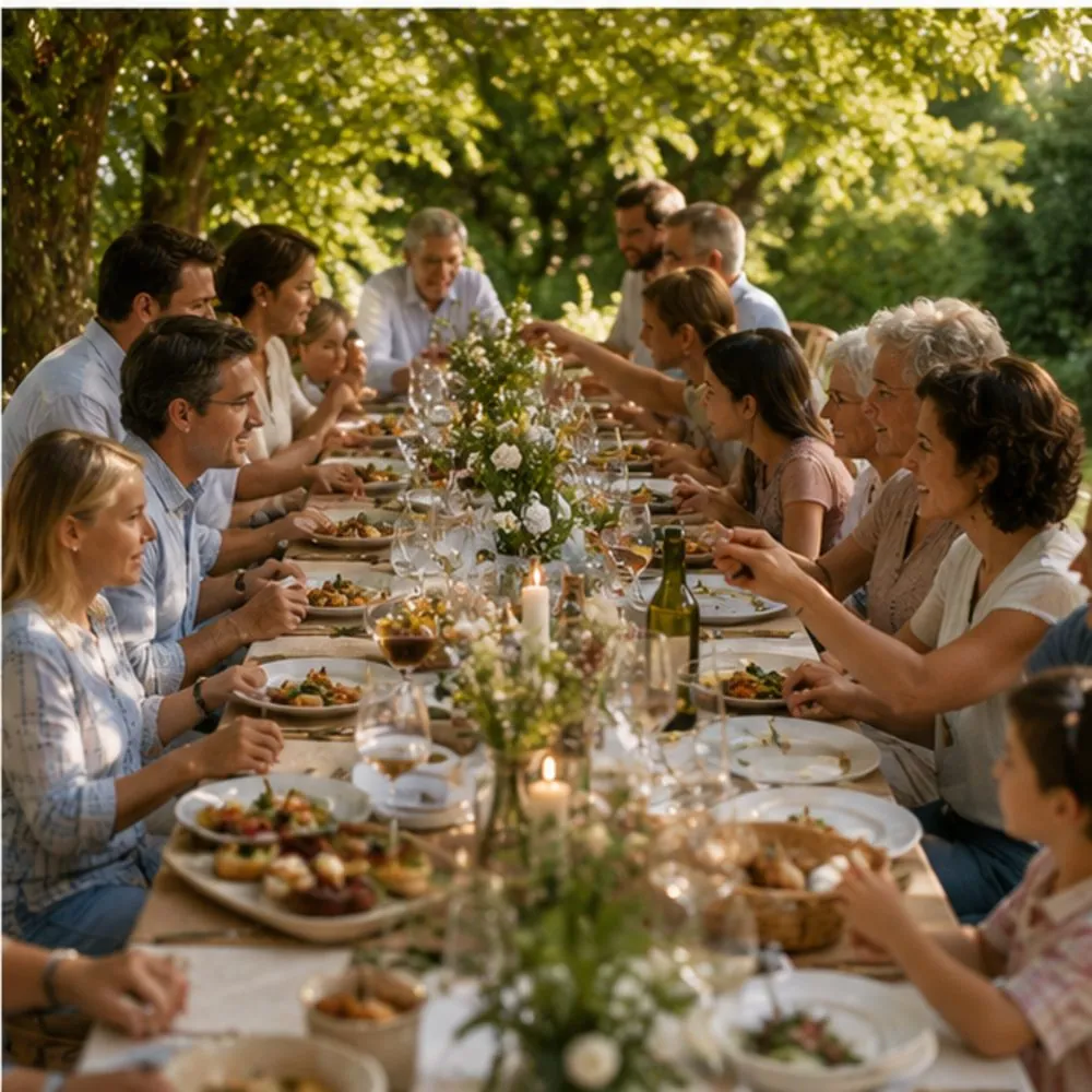 Grande tablée d'un repas de famille en extérieur