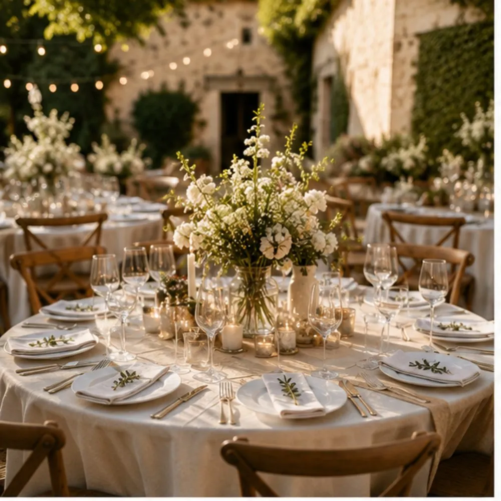 Table de mariage dressée avec fleurs en extérieur