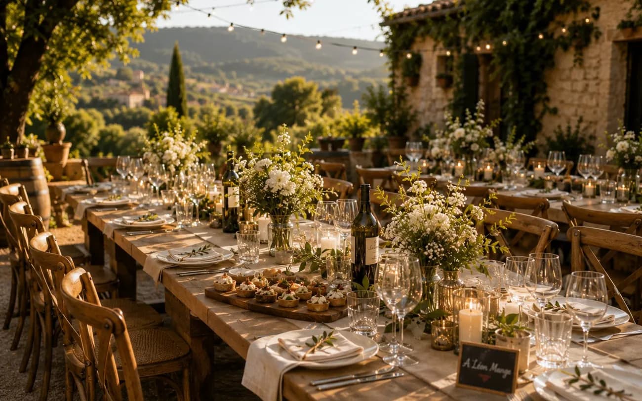 Table de réception dressée en extérieur, dans les vignes du Beaujolais