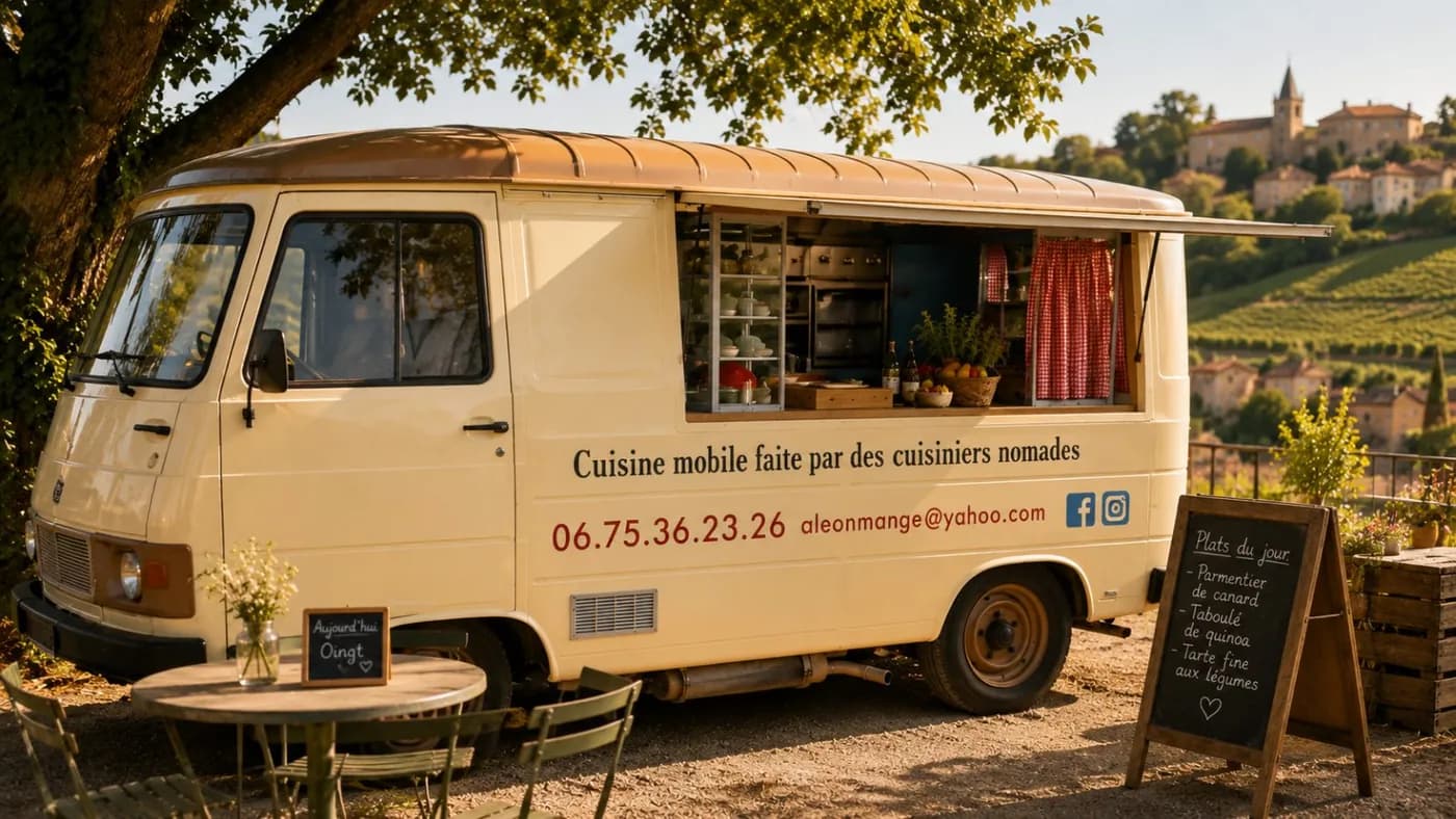 Le food truck A Léon Mange sur un marché du Beaujolais, dans les vignes
